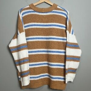American Eagle Sweater Womens Medium Striped Waffle Knit Brown Blue White